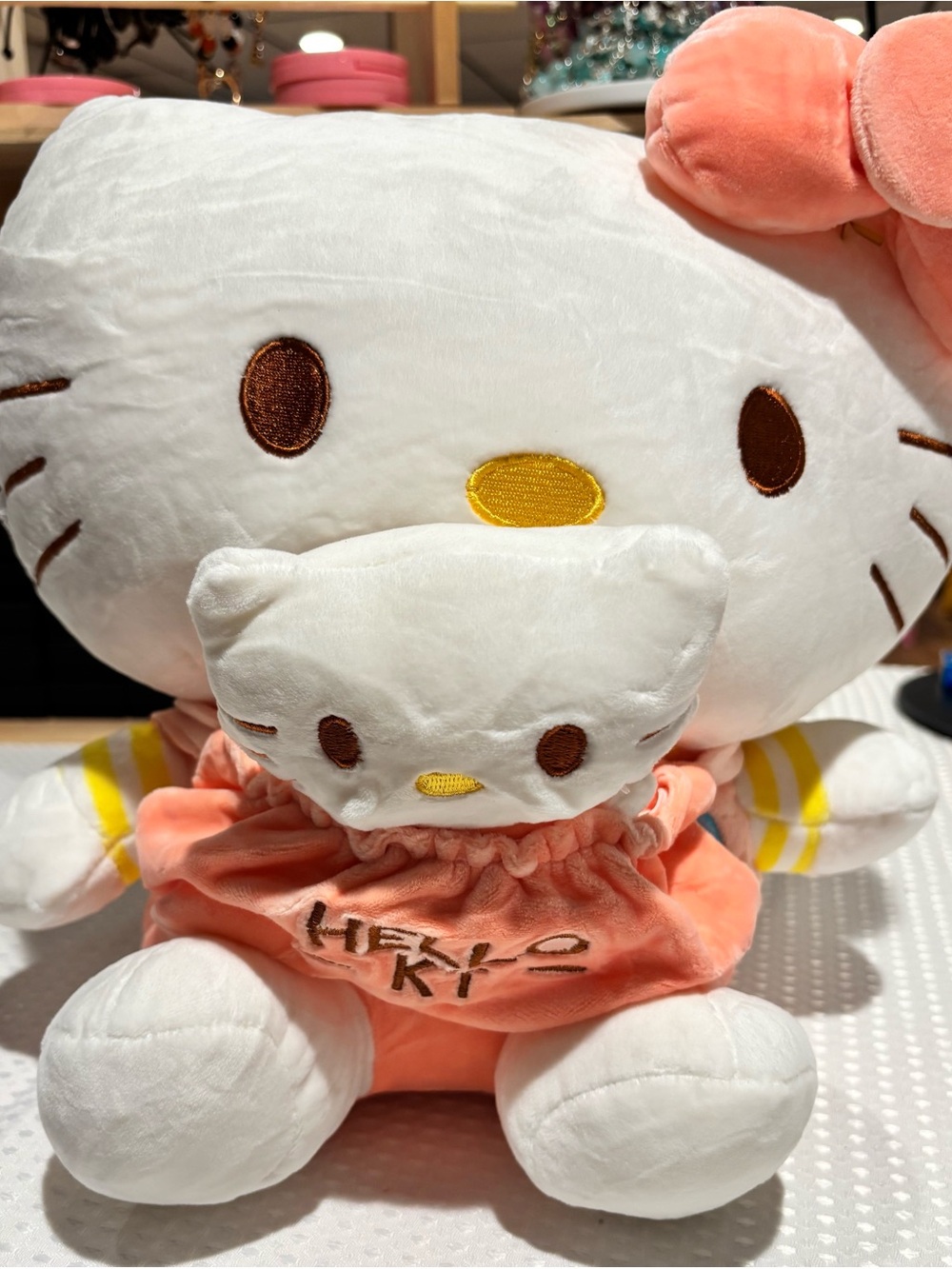 Hello Kitty Plush Doll and Baby with Peach Dress and Bow